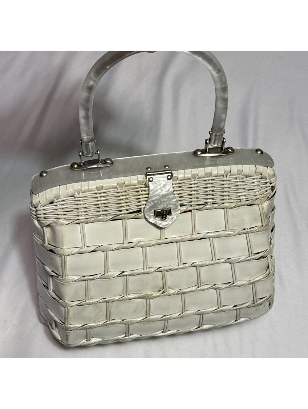 1950s 1960s Coated White Wicker Top Handle Handbag, Vintage Pearlized Lucite...